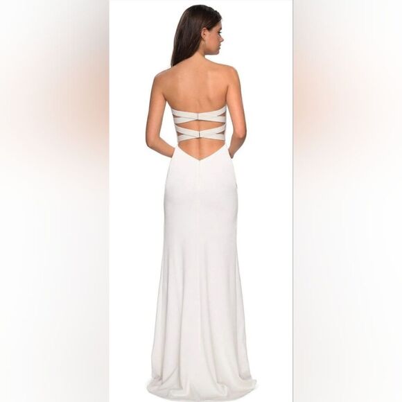 La Femme 27035 Strapless Cross Back Jersey Dress With Slit NWOT size 4 White - Picture 2 of 5